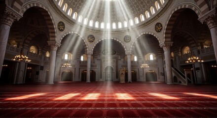 Obraz premium Interior of a large mosque with sunbeams shining through the dome onto the red carpeted floor and arched columns