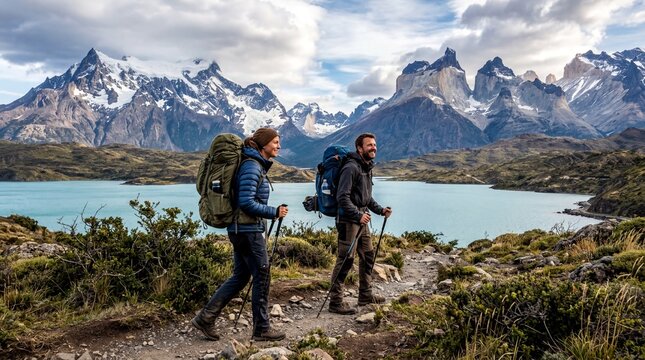 adventure lifestyle, a couple enjoys a hiking adventure in the breathtaking patagonia landscape