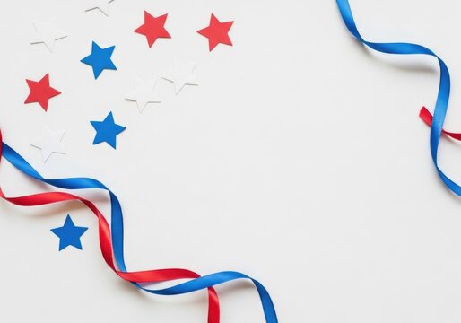 Patriotic flat lay background featuring red white blue star cutouts and silky ribbons.