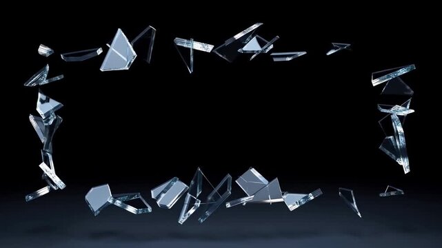 Slow motion tracking shot of glass shards spiraling and tumbling outward, suspended reflective fragments rotating against black studio background with dramatic lighting
