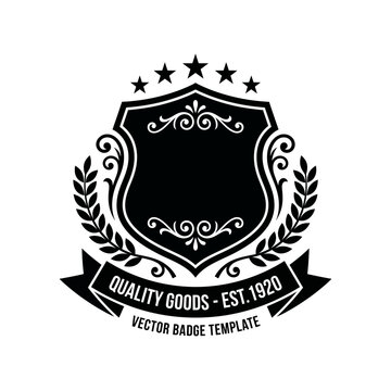 Elegant black and white vector badge illustration featuring a decorative shield emblem with laurel wreaths and five stars designed for professional branding and quality product labels