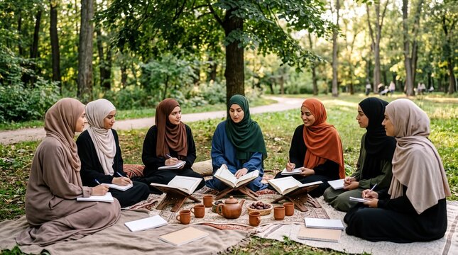 cultural fellowship, a group of muslim women gather for a quran study circle in a park, sharing tea and notebooks in a spirit of sisterhood