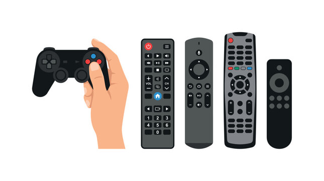 Remote control icon set with hand holding black controller and several gray black TV remotes with colored buttons, remote control,