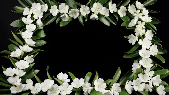 Panning shot slow motion of white jasmine flower border sliding across black studio background in three panel flatlay triptych sequence