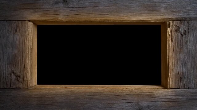 Slow pan tracking shot of wooden window frame with shifting warm light revealing rustic interior opening and textured weathered sill