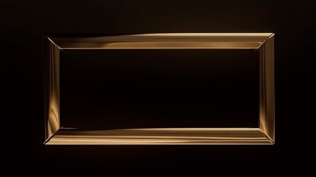 Tracking shot of golden rectangular border sliding left to right across dark studio background with reflective metallic edges and polished highlights