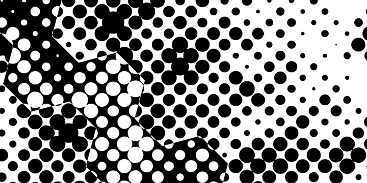Abstract geometric halftone pattern background with black camouflage shapes and dots on white backdrop, optical illusion texture for modern pop art comic designs vector banners and wallpapers.