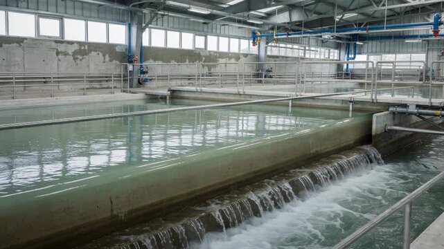 Medium shot of a clarified wastewater treatment basin showcasing settled water layers and clear effluents being processed for neutralization in a modern facility