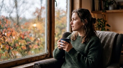 emotional wellness, a contemplative woman sits by a rainy window, cradling a warm drink