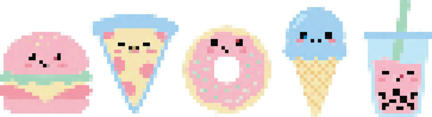 Fototapeta premium Cute pixel art pastel food collection featuring kawaii burger, pizza, donut, ice cream, and bubble tea with faces.