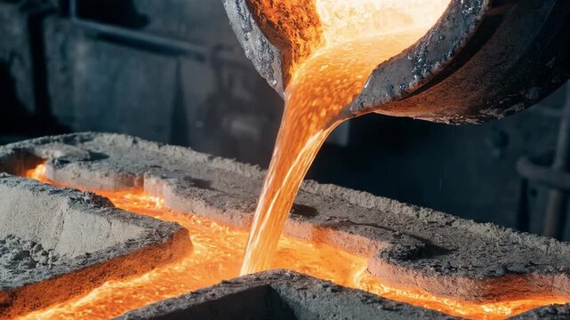 Closeup of the intense shine as liquid bronze flows into the gating system highlighting the intricate channels that guide the metal in sand casting