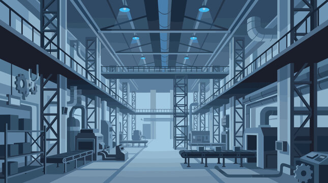 Large industrial facility interior with metal structures and cool blue lighting, factory, industry, facility, machinery, metal,
