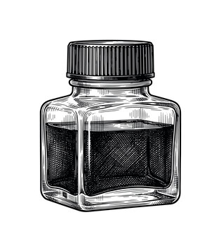 Detailed engraving vector illustration of a square ink bottle with dark liquid and ribbed cap, ink bottle, bottle, ink, cap, glass