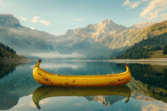 Yellow canoe floats on calm, mirror-like lake