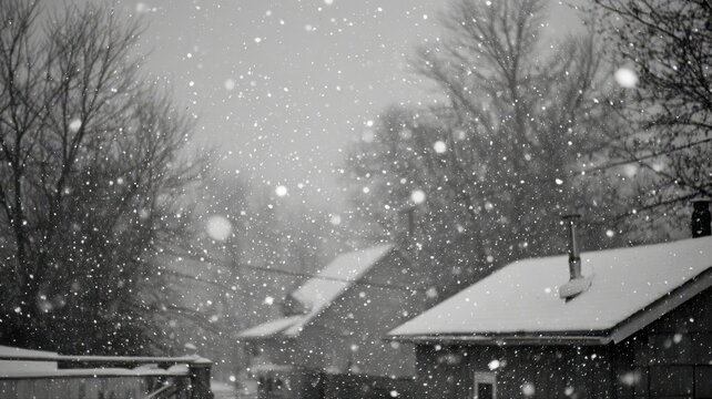 Gentle snowfall blanketing suburban rooftops during a quiet winter morning with bare trees