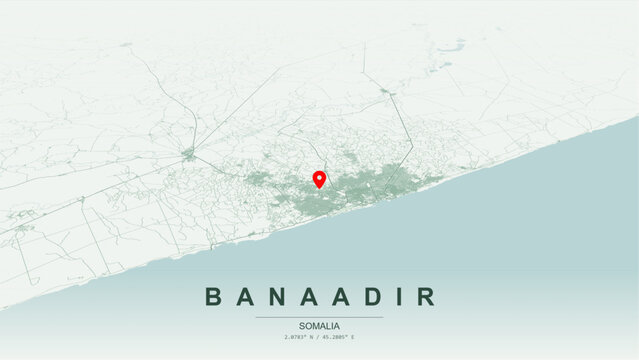 Modern minimalist vector map of Banaadir region, Mogadishu, Somalia. High-quality scalable illustration of Mogadishu city grid, Port of Mogadishu waterfront for posters and design.
