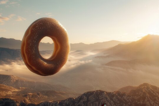 Golden donut floats above misty mountain peaks