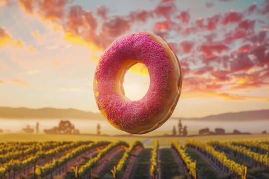 Pink-sugar donut floats midair above a golden field