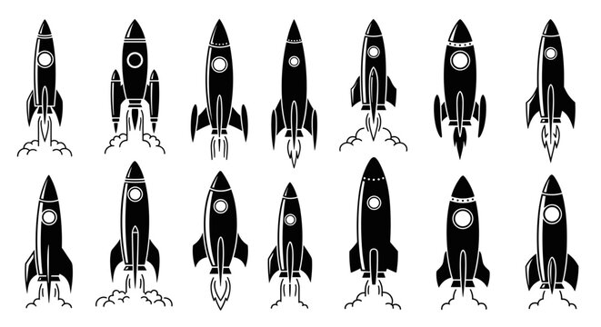 Collection of black rocket ship icons with exhaust flames and smoke on white background