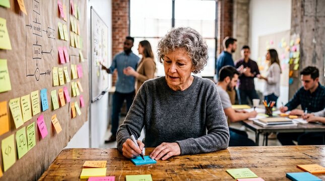 lifelong learning, a senior woman engaged in learning python, surrounded by colorful sticky notes and younger classmates