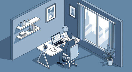Fototapeta premium Isometric Home Office: Man Working on Laptop, Desk Setup, Window View