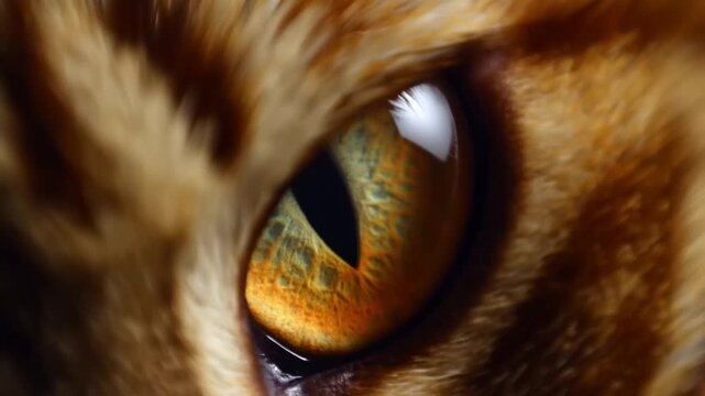 Tracking slow motion macro shot of cat eye dilating and reflecting light in close up on tabby fur indoors