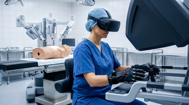 medical training simulation, a surgeon engages in robotic surgery training using vr technology and haptic gloves