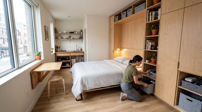 small living solutions, a cozy micro-apartment featuring a practical murphy bed and space-saving furniture