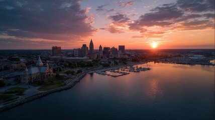 Fototapeta premium Cleveland skyline at sunset with dramatic clouds over the lake and marina waterfront