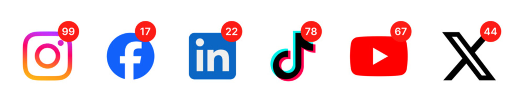 notifications Instagram Facebook LinkedIn TikTok YouTube X Social Media Notification Icons App Logo Badge Alert UI Set