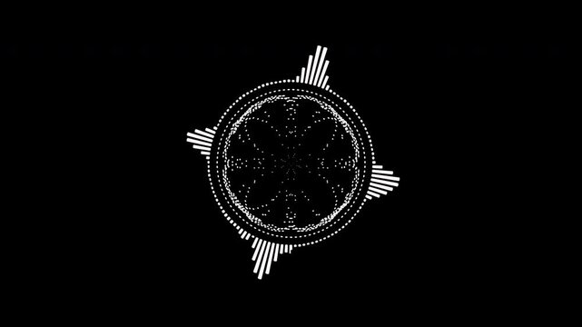 Black and white circular interface audio voice music sound spectrum equalizer, 4k footage, sound waves animation on black and white background.