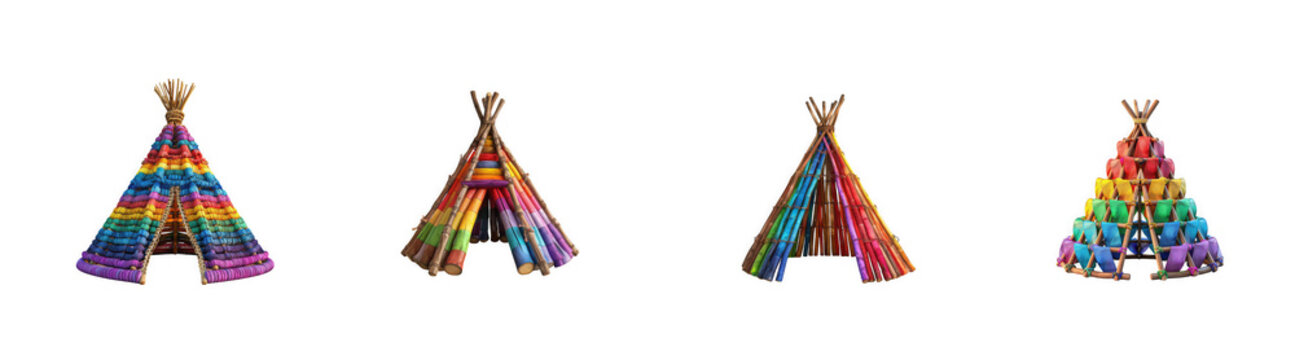 Colorful set of four rainbow striped decorative teepee tents isolated on transparent background
