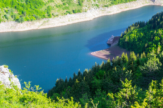 Special nature reserve "Uvac Canyon", Serbia. The beautiful meanders of lake Uvac and the special nature reserve under the protection of the State of Serbia and the habitat of the griffon valture.