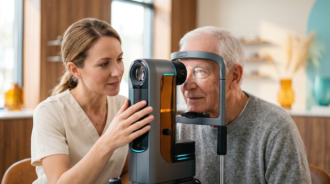 Optometrist examining senior man with diagnostic machine. Eye care and vision test for elderly patient
