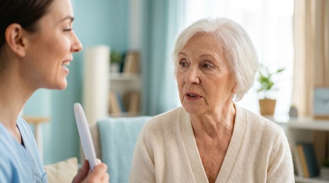 Senior woman in speech therapy session with female healthcare professional. Elderly patient practicing communication exercises with therapist. Rehabilitation and geriatric care concept