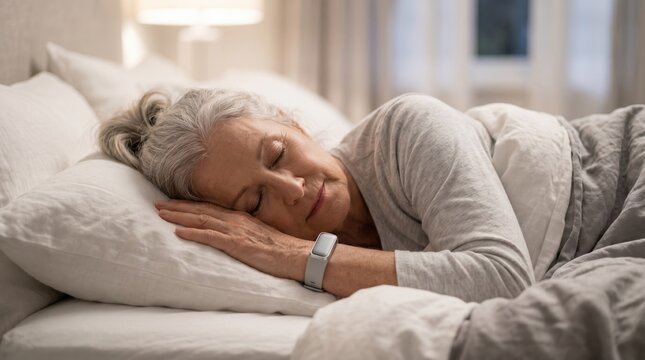 Senior woman sleeping in bed wearing a fitness tracker. Elderly female resting soundly while monitoring sleep quality with wearable smart band. Health tracking concept