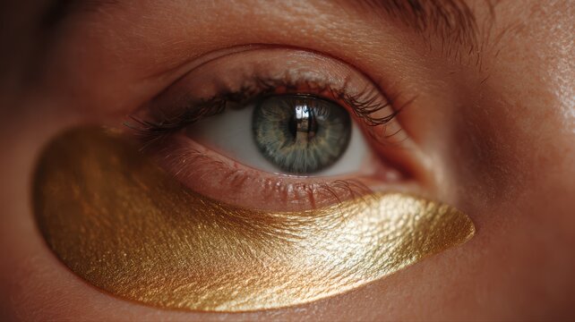Close up of a human eye with golden under-eye patches during a beauty treatment with soft studio lighting