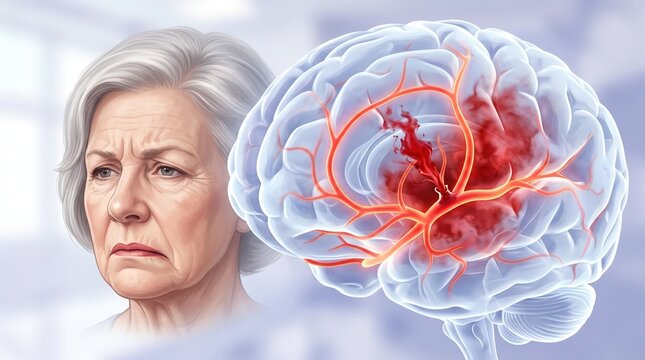 Senior woman with a worried expression next to a brain illustration. Cerebral hemorrhage and stroke concept. Neurology and mental health care for elderly patients