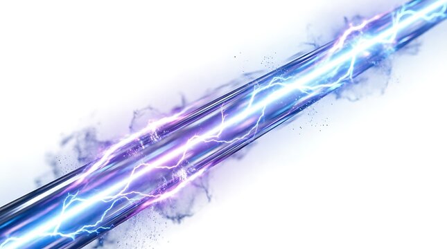 Abstract digital energy flow represented by a glowing electric cable with intense purple and blue lightning sparks crackling along the surface, symbolizing power transmission and high-speed data.