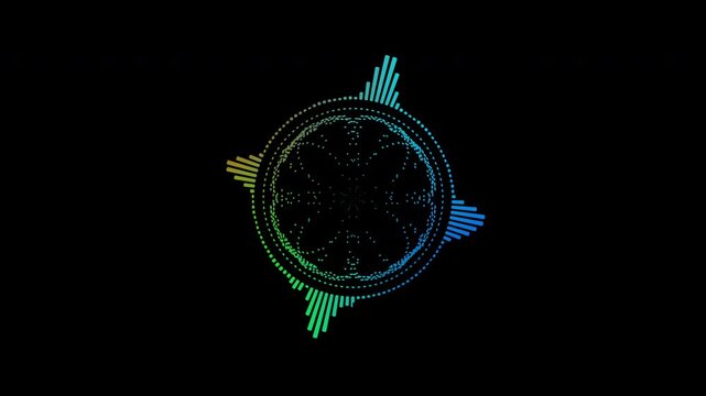 Colorful circular interface audio voice music sound spectrum equalizer, 4k footage, sound waves animation on black and white background.