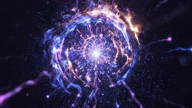 Vibrant cosmic explosion of purple, blue, and gold energy particles swirling outwards from a bright central core in a dark nebula-like space Keywords: abstract, cosmic, explosion, energy