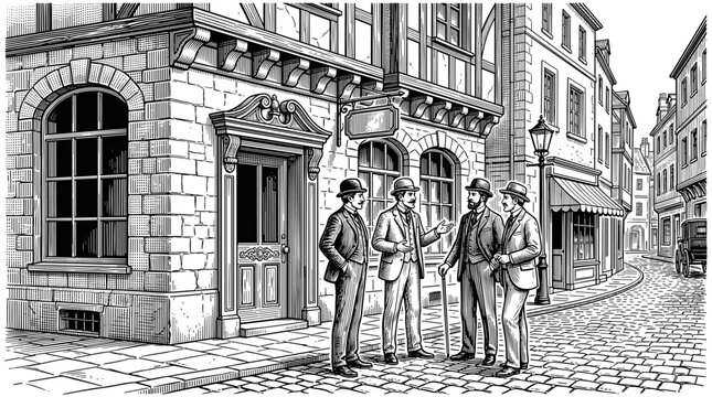 Vintage engraving vector illustration of men standing in front of an old town building in a street scene, men, town, building,