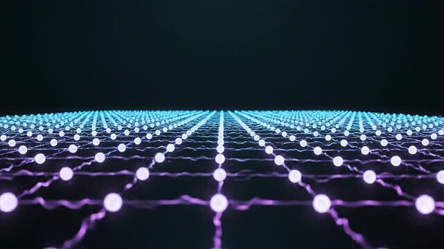 Infinite grid of glowing purple spheres connected by thin lines creating a futuristic network pattern against a dark background Keywords: network, connection, grid, glowing, purple, spheres