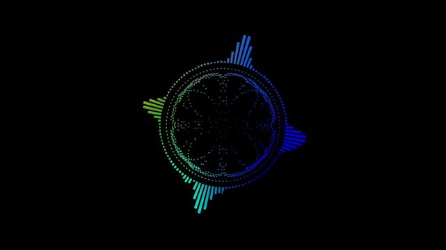 Colorful circular interface audio voice music sound spectrum equalizer, 4k footage, sound waves animation on black and white background.