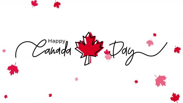 Happy Canada Day Greeting Banner Design on white background. Handwritten lettering or font logo for Canada Day with red maple leaf. 4K video animation.