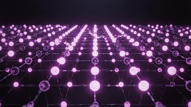 Three dimensional network of glowing pink spheres and transparent bubbles interconnected by thin lines against a dark background Keywords: network, connection, grid, glowing, pink, spheres