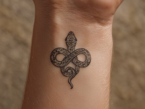 Macro shot of small black symmetrical snake tattoo shaped like infinite loop on wrist of person with soft skin texture Concept of eternity and continuous balance