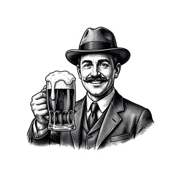 Vintage engraving illustration of a mustached man holding a large frothy beer glass, man, beer, glass, mustache, hat, suit,