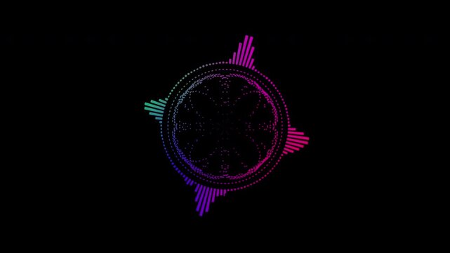 Colorful circular interface audio voice music sound spectrum equalizer, 4k footage, sound waves animation on black and white background.