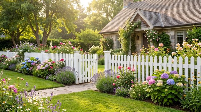 White picket fence, Cottage garden entrance, Flowering residential yard, Welcoming home exterior, Bright lifestyle architecture
